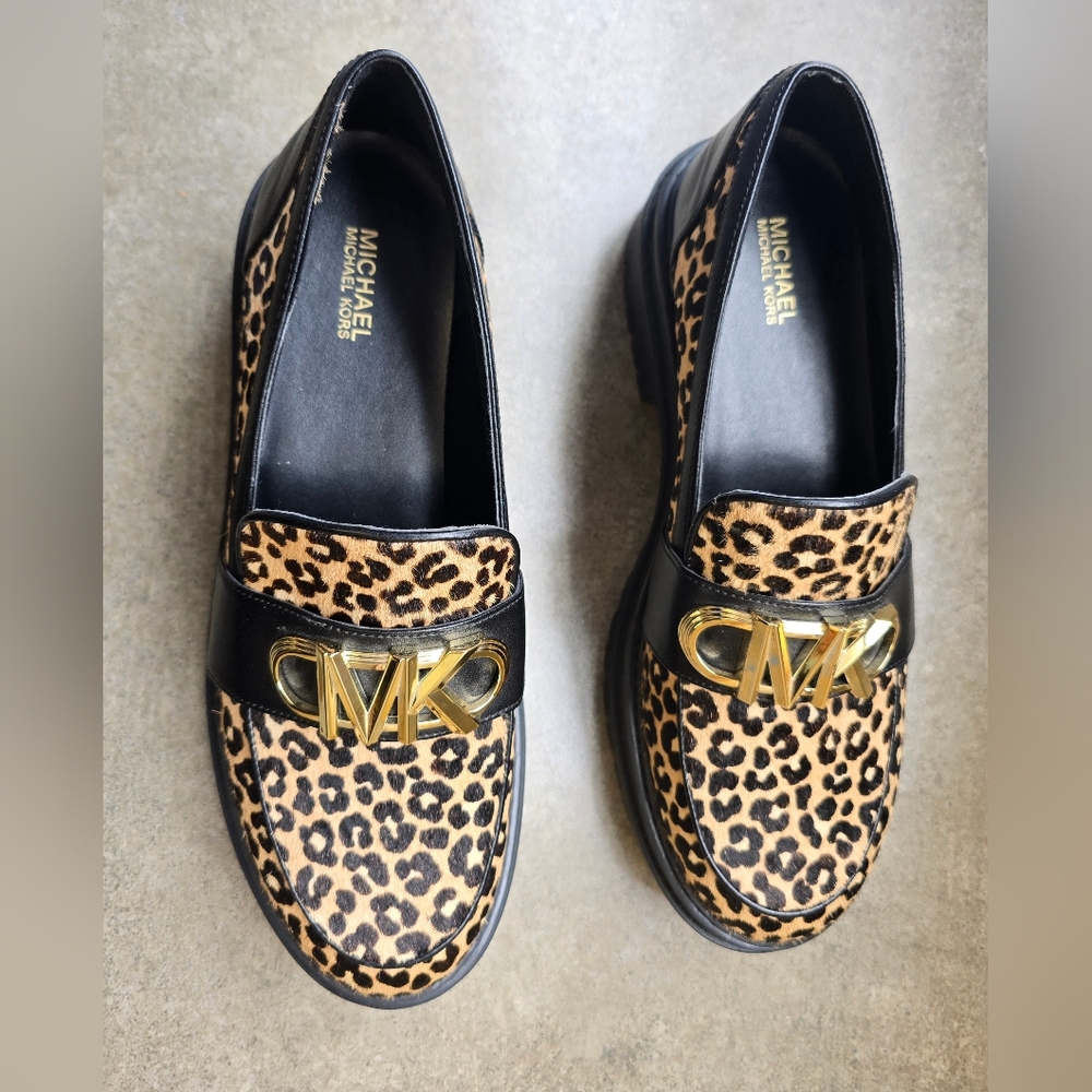 Michael Kors Animal Print Loafers with Gold Logo